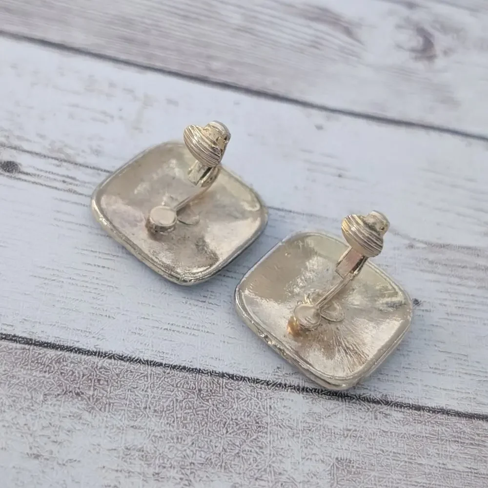 Vintage Clip On Earrings Dark Green & Gold Tone Retro Statement